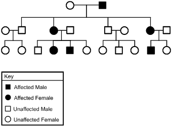 There is a pedigree diagram for a particular genetic trait over three generations.